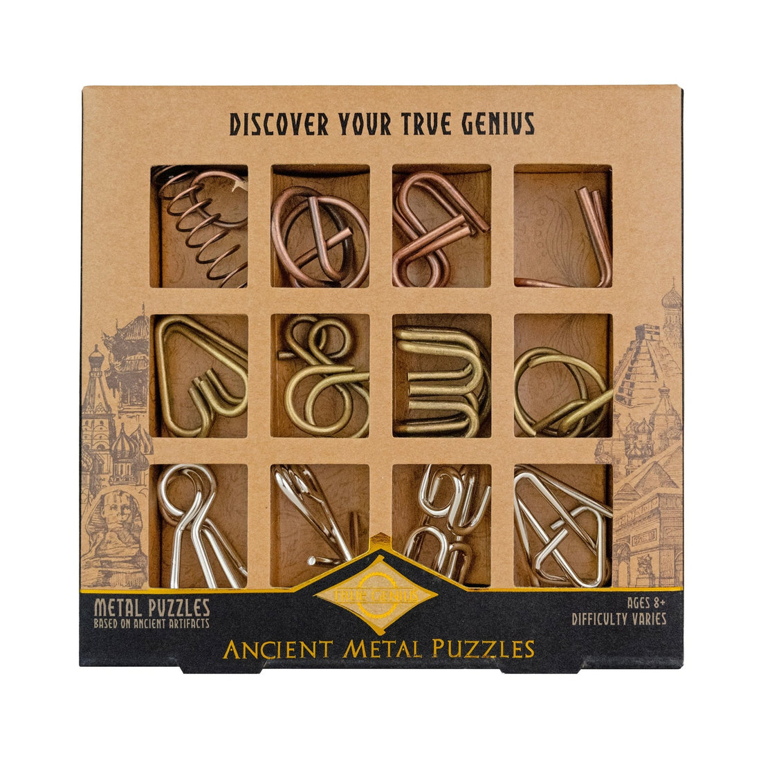 Ancient Metal Puzzle Set 12-Pack — assorted metal disentanglement brainteaser puzzles