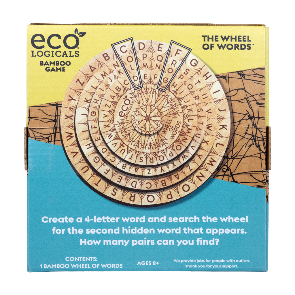 Wheel of Words bamboo word puzzle back of package with instructions