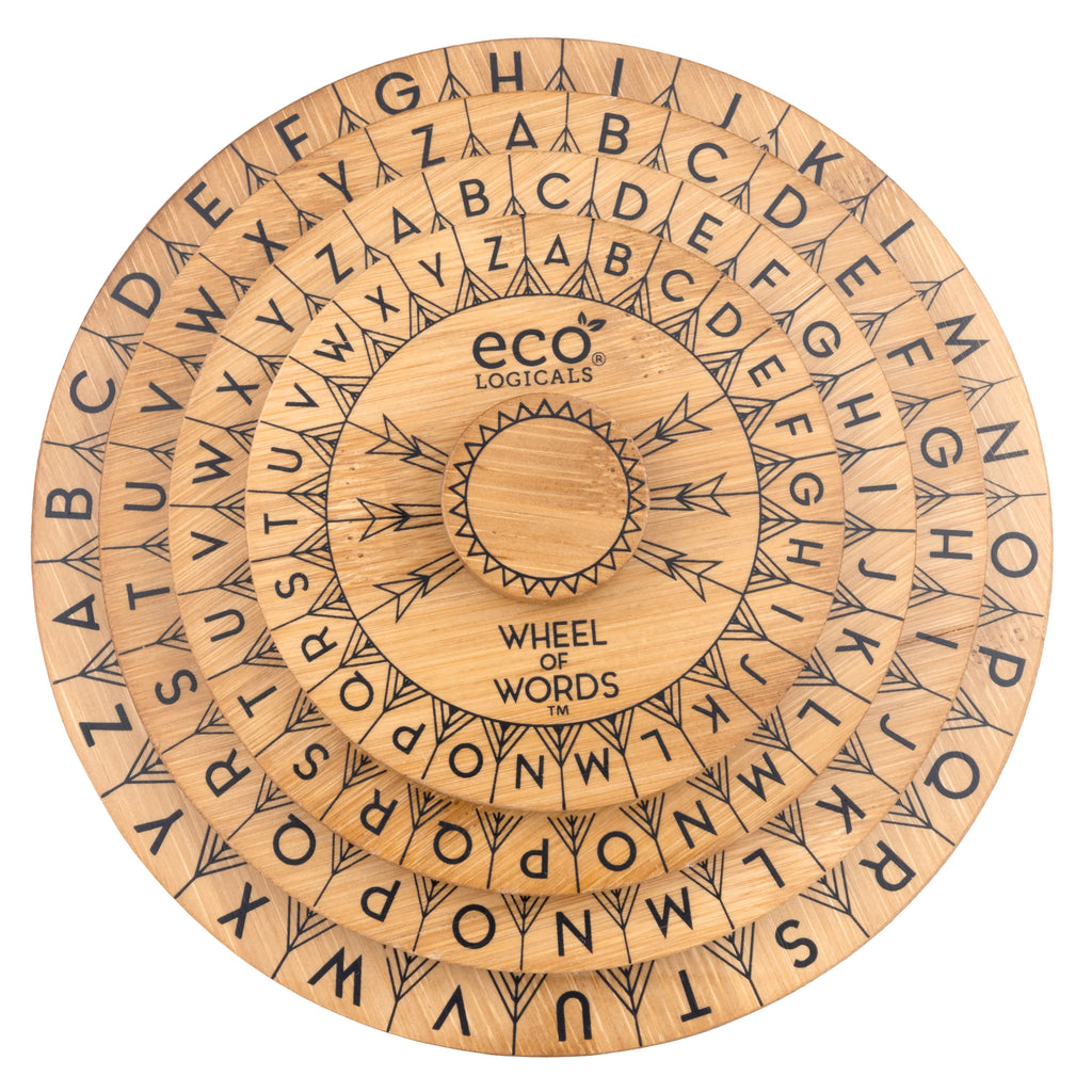Wheel of Words bamboo word puzzle out of box, top view of alphabet wheels