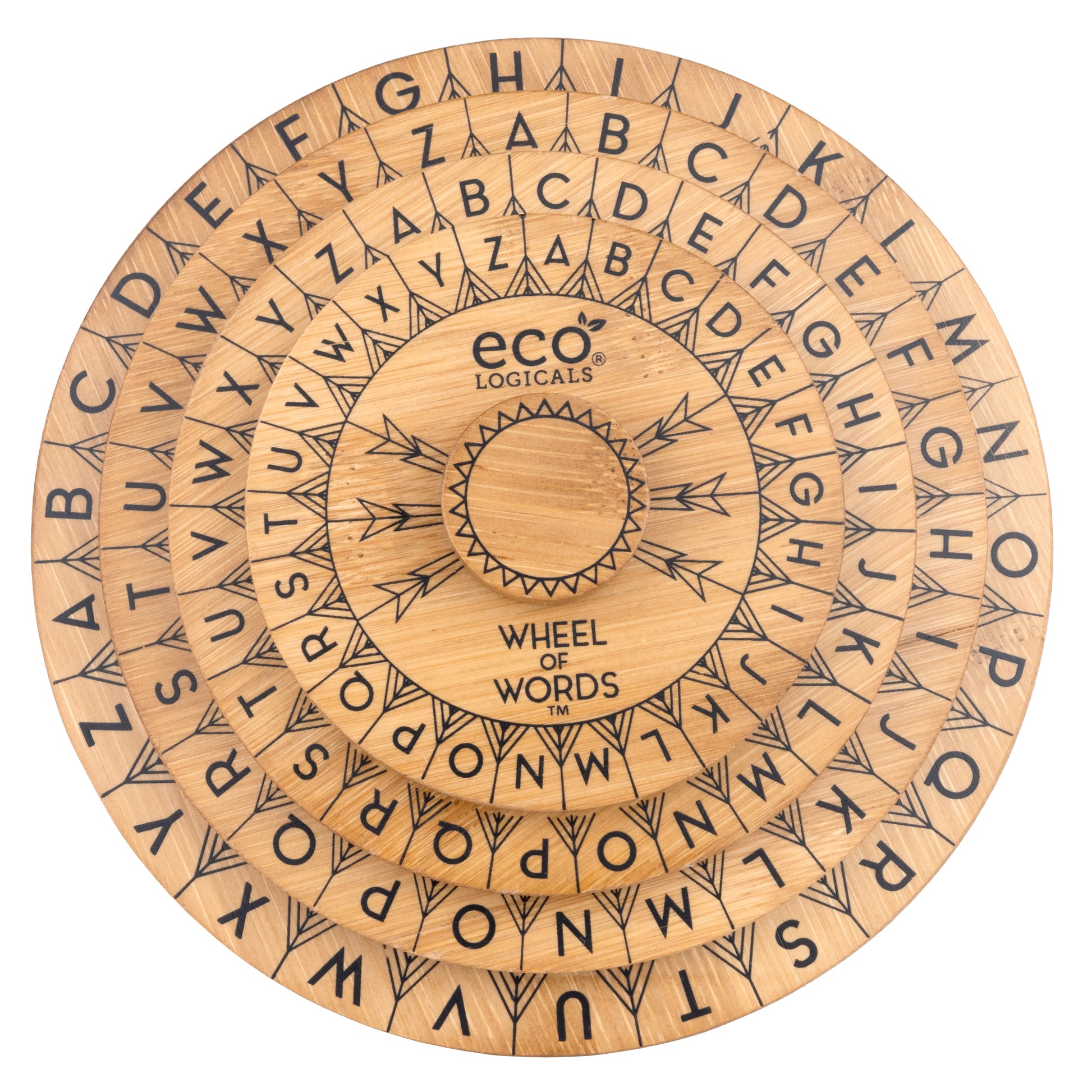 Wheel of Words bamboo word puzzle out of box, top view of alphabet wheels
