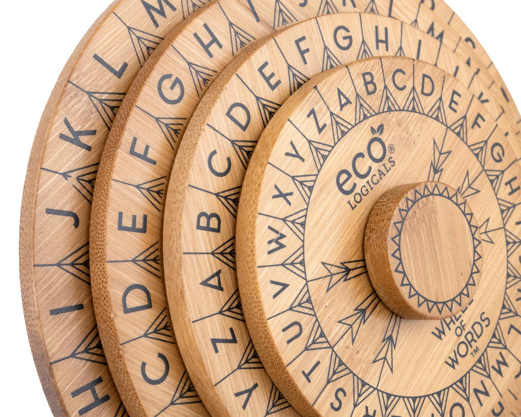 Wheel of Words bamboo word puzzle close up of layered alphabet wheels