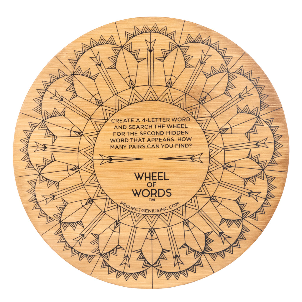 Wheel of Words bamboo word puzzle back of bamboo wheel with engraved instructions