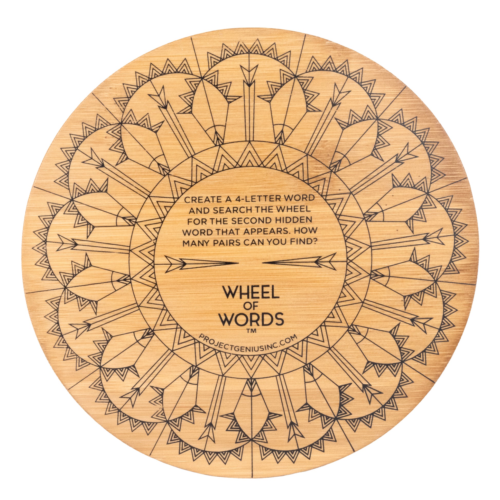 Wheel of Words bamboo word puzzle back of bamboo wheel with engraved instructions