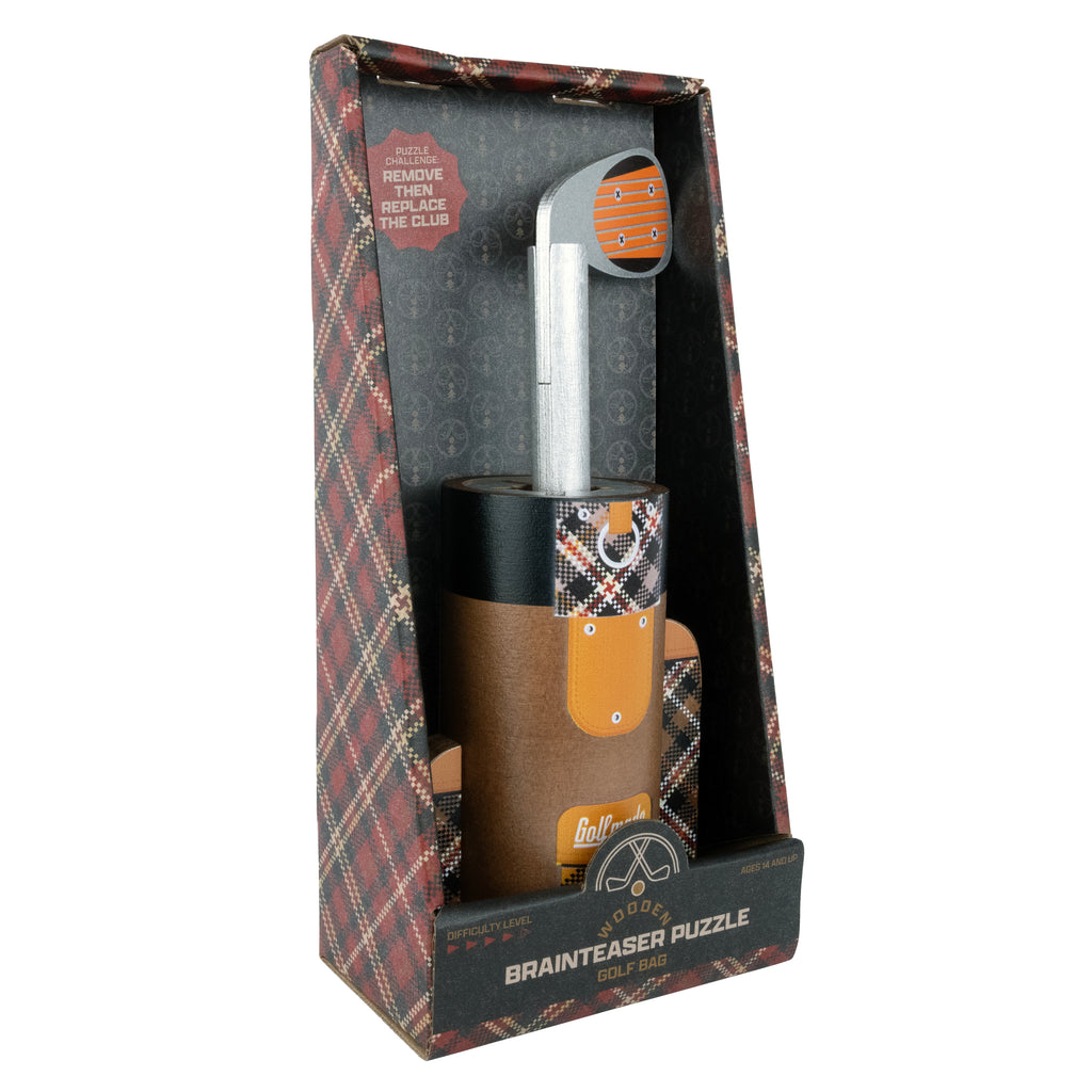 Heritage wooden golf bag puzzle left angle in packaging