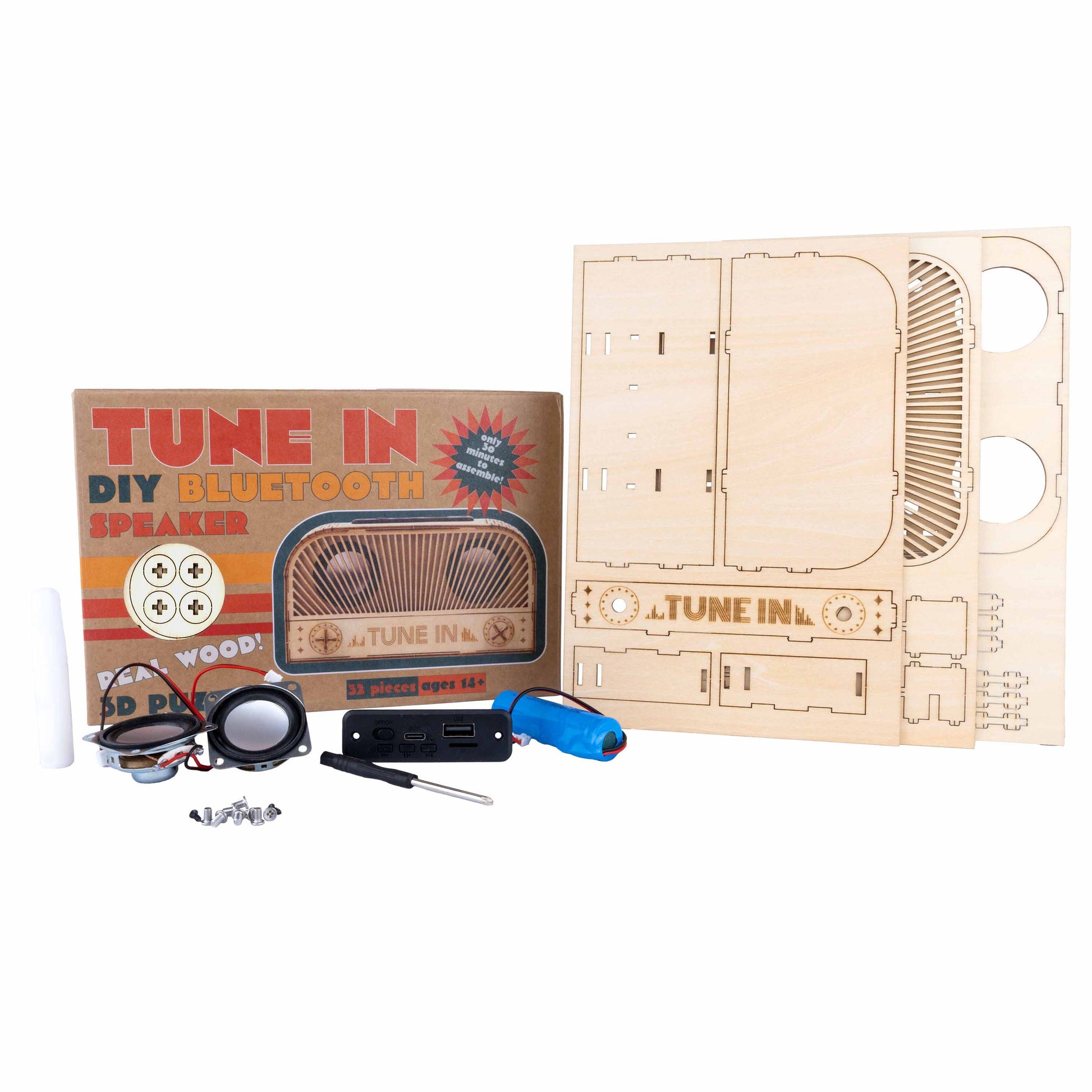 Tune-In DIY Bluetooth Speaker wooden build kit out of box hero