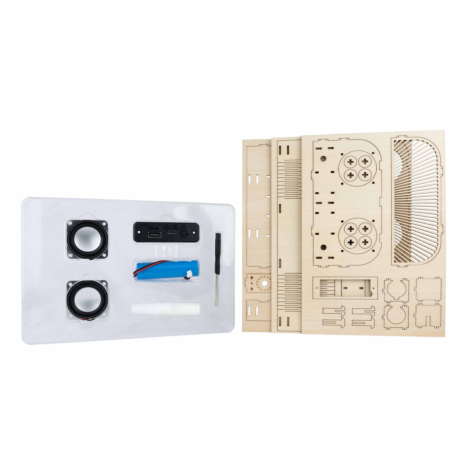 Tune-In DIY Bluetooth Speaker wooden build kit components and wood panels