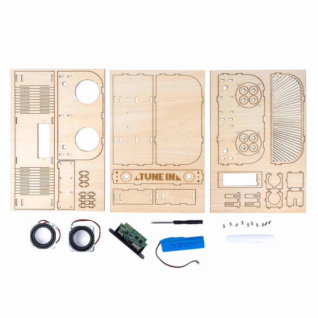 Tune-In DIY Bluetooth Speaker wooden build kit full parts layout
