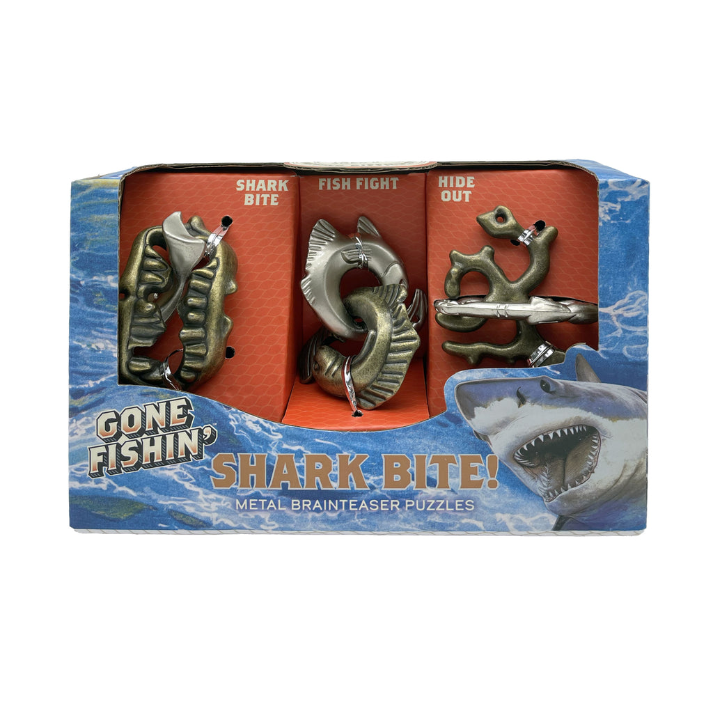 Shark Bite 3-puzzle metal set front packaging, Gone Fishin metal brainteasers