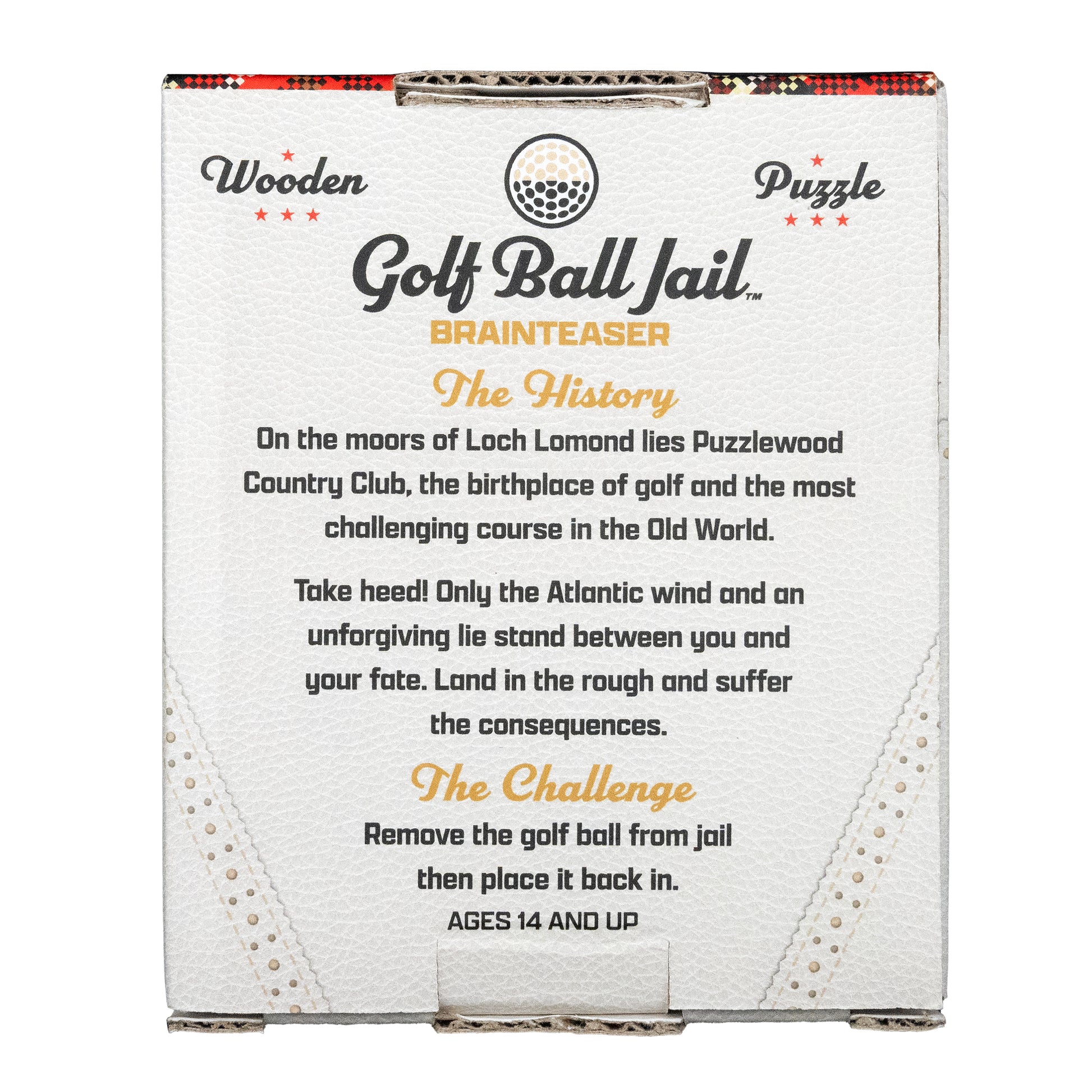 Golf Jail Puzzle back of package with the challenge and history
