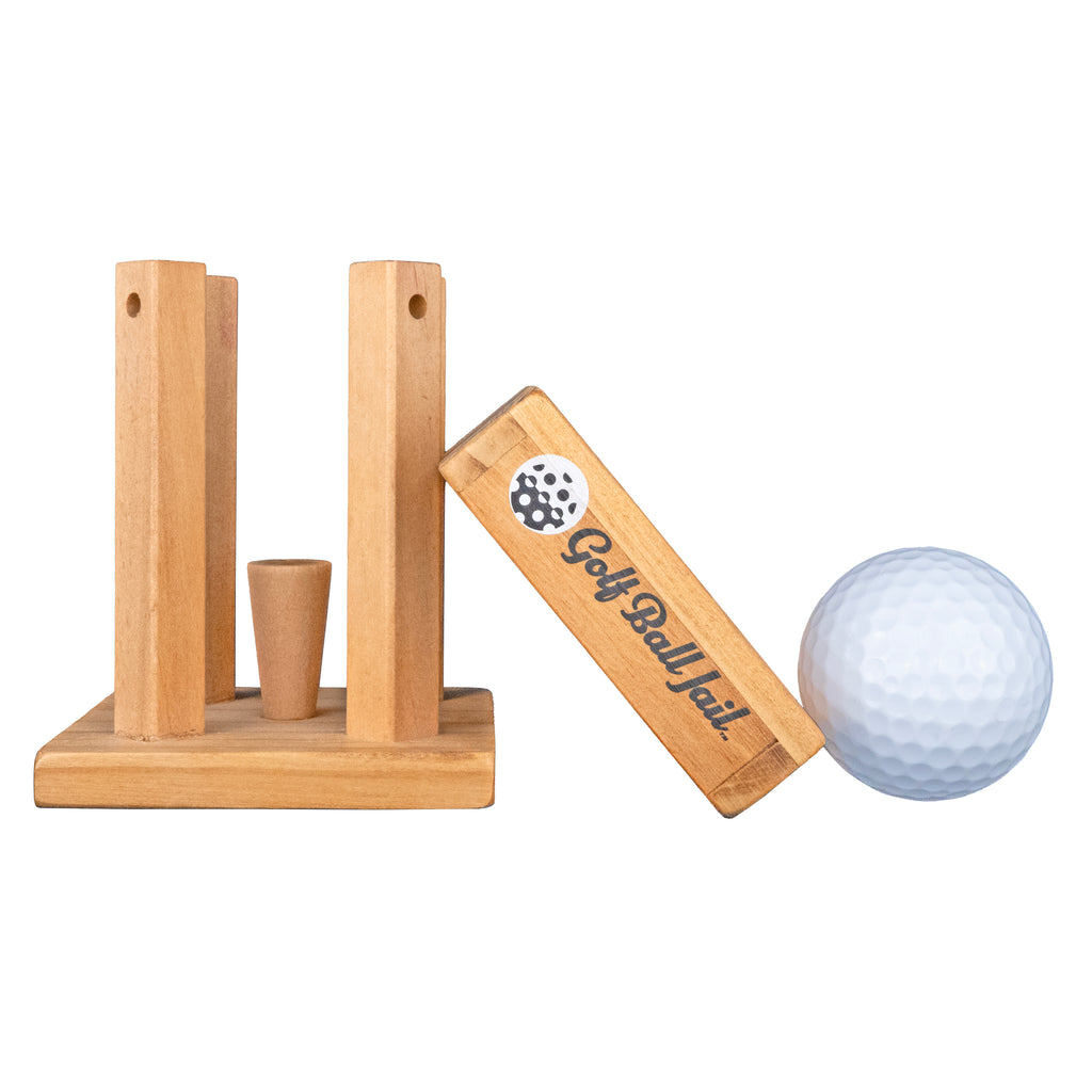 Golf Jail Puzzle disassembled showing wooden pieces and golf ball