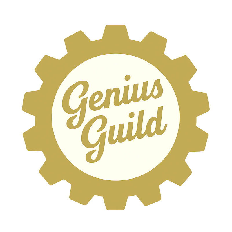 Gold gear-shaped logo with 'Genius Guild' text on a white background
