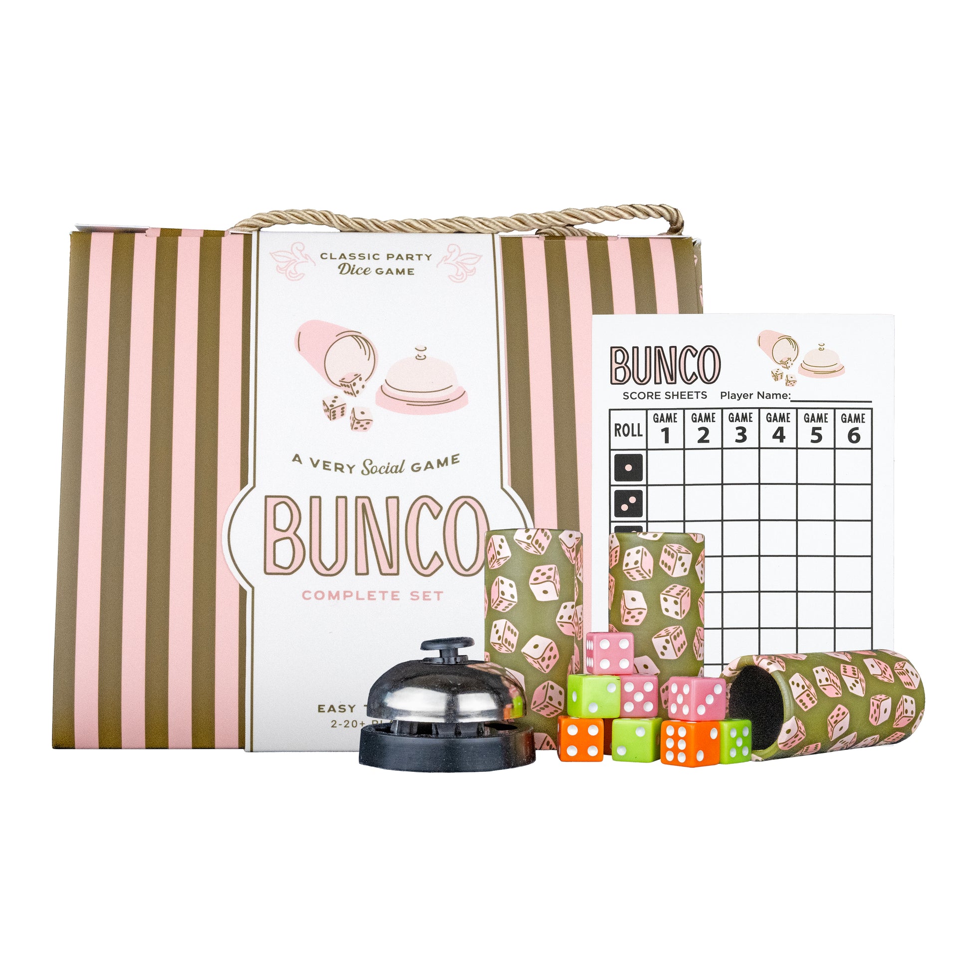 Bunco Classic Party Dice Game complete set with dice, cups, bell, and score sheets