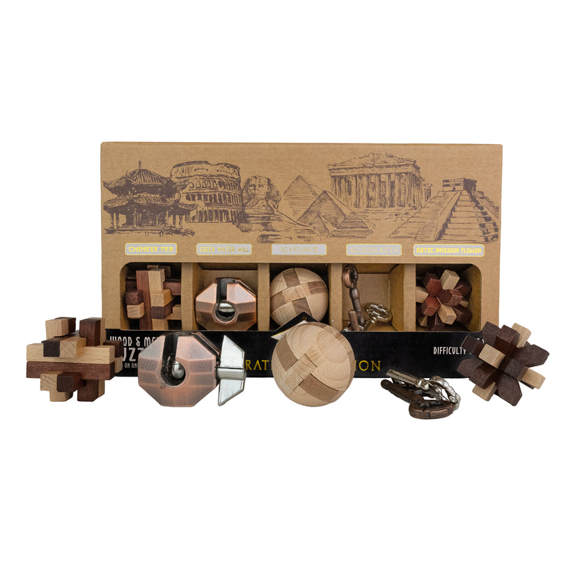 Project Genius Curated Collection 5 Brainteaser Puzzles, Wood