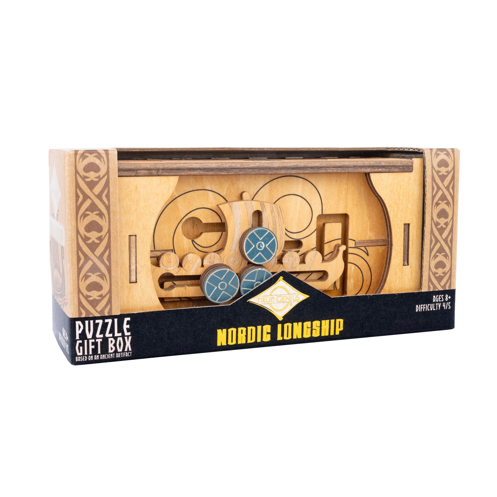 Nordic Longship Secret Box Viking puzzle box left front in package