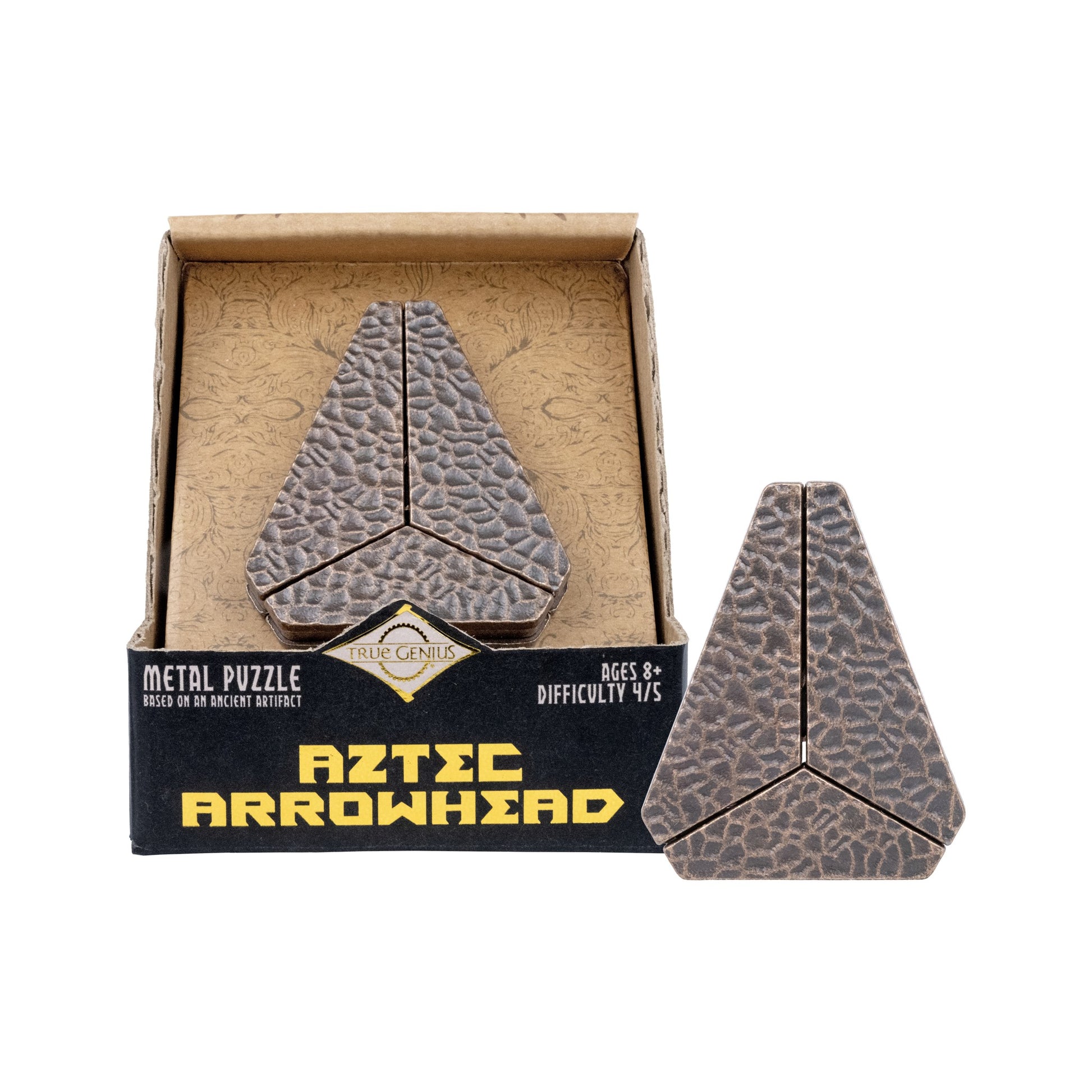 Aztec Arrowhead metal puzzle removed from packaging, hero view