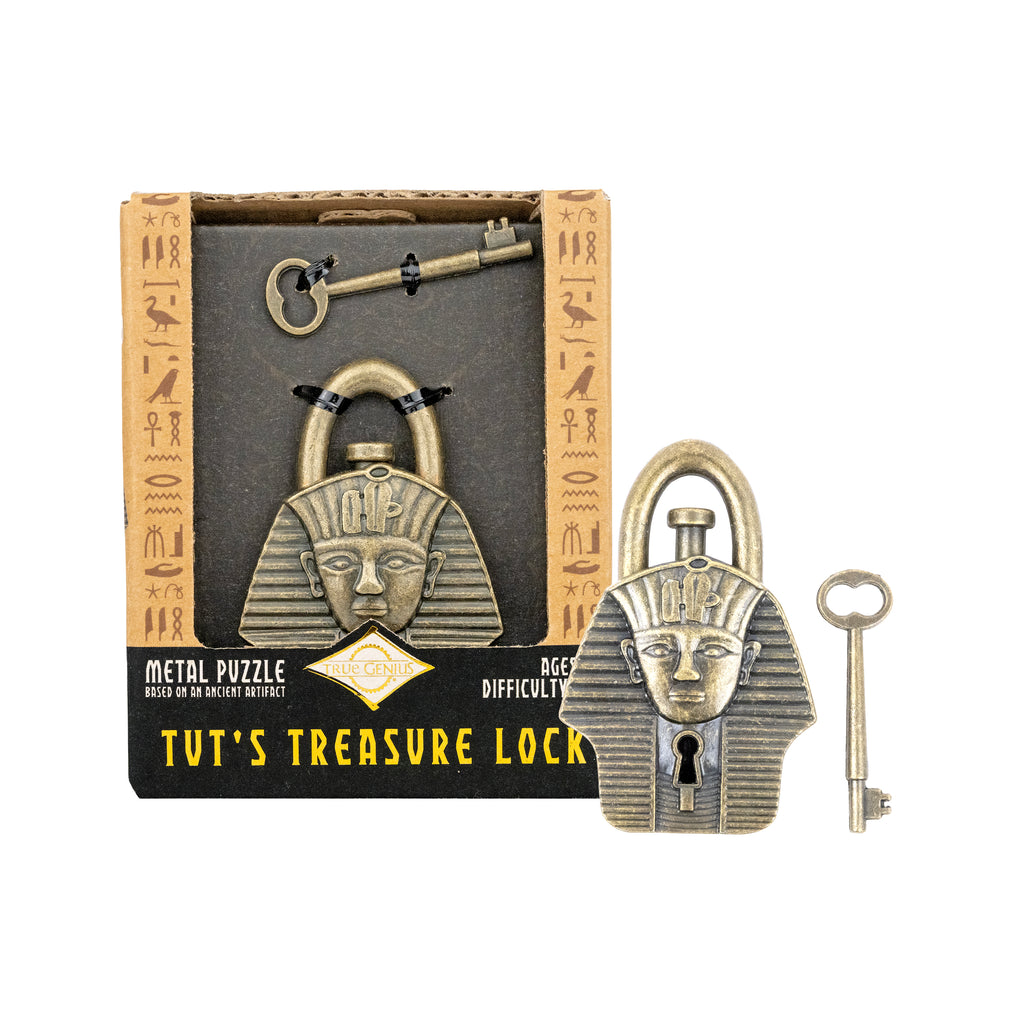 Tut's Treasure Lock Egyptian trick lock puzzle in packaging with key