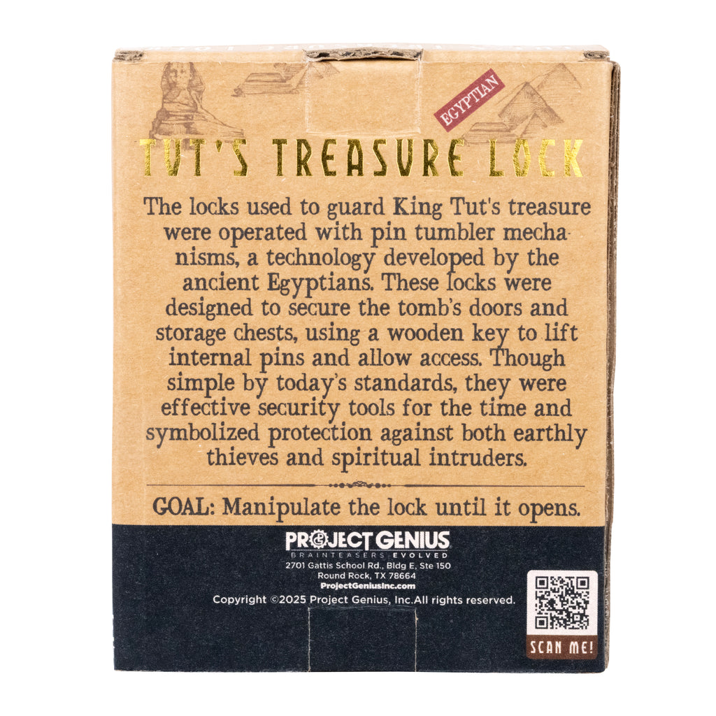 Tut's Treasure Lock puzzle back of package with history and goal