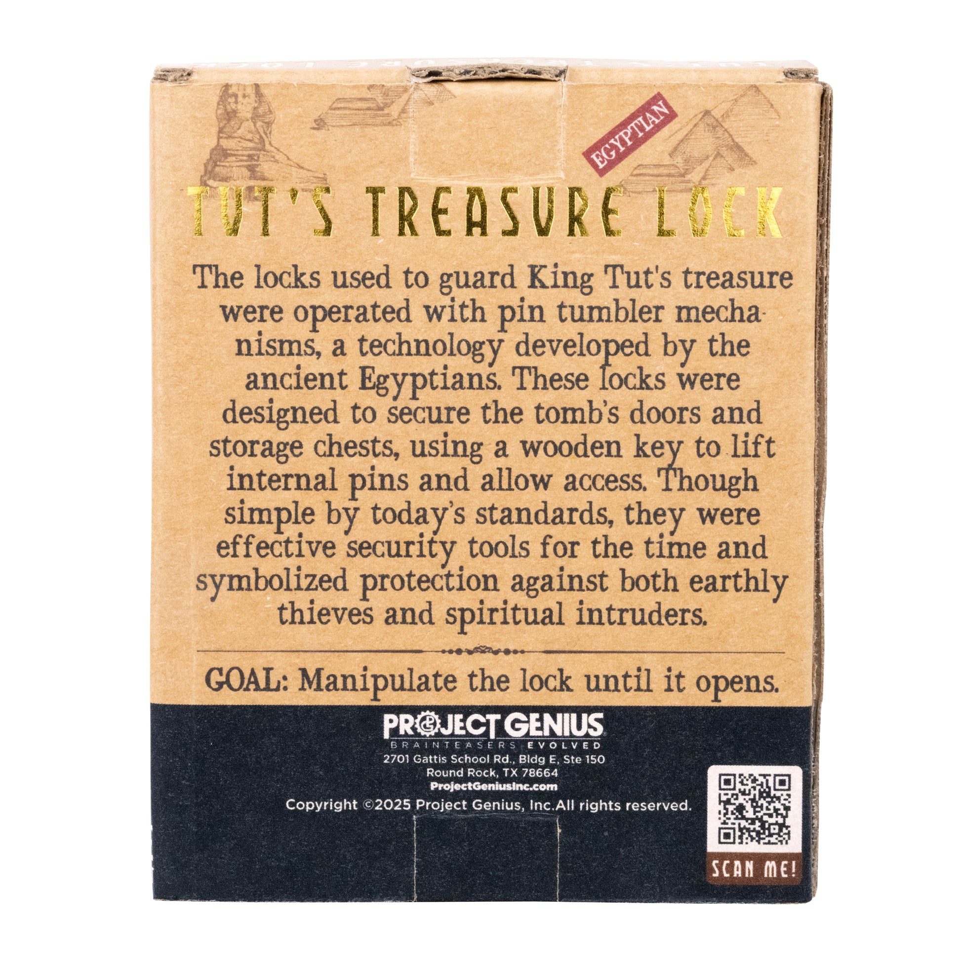 Tut's Treasure Lock puzzle back of package with history and goal