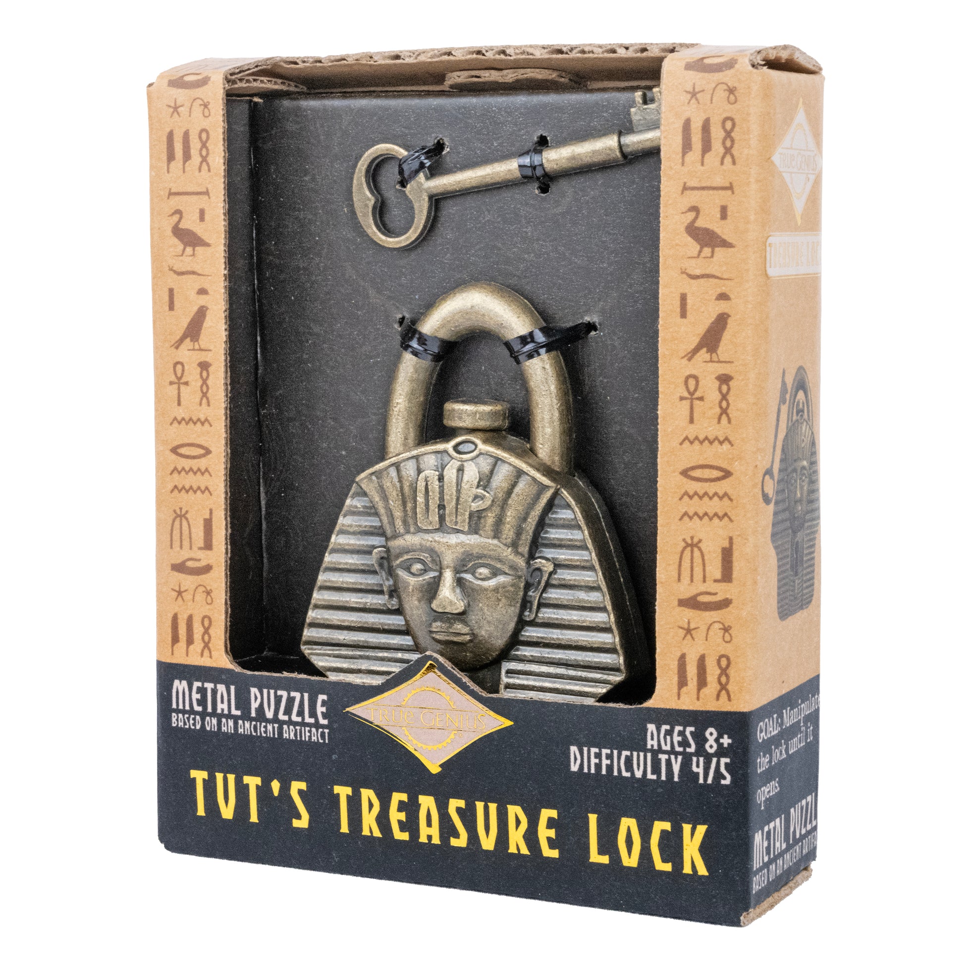 Tut's Treasure Lock Egyptian trick lock puzzle right angled package view