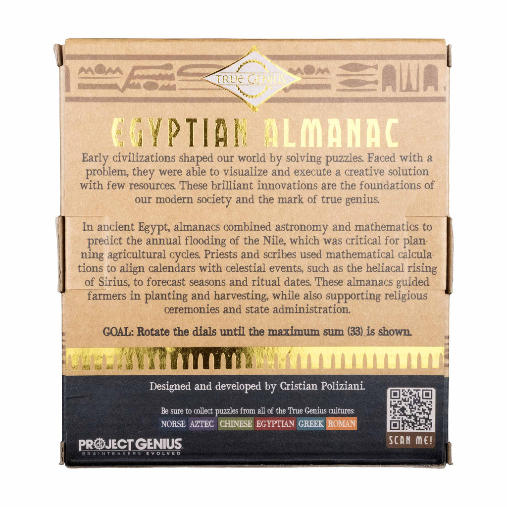 Egyptian Almanac brainteaser puzzle back of package with instructions
