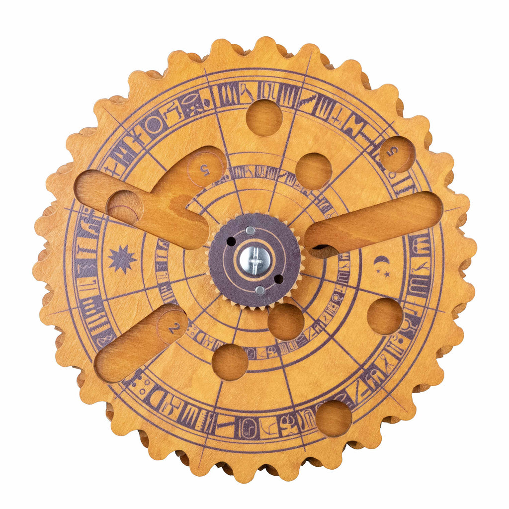 Egyptian Almanac brainteaser puzzle wooden dial close up