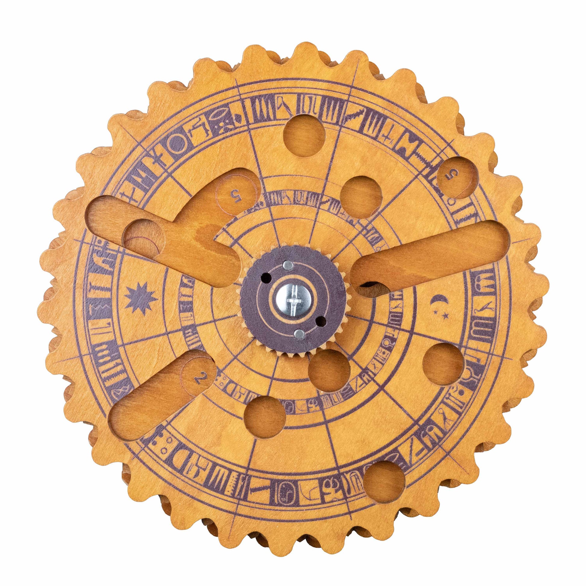 Egyptian Almanac brainteaser puzzle wooden dial close up