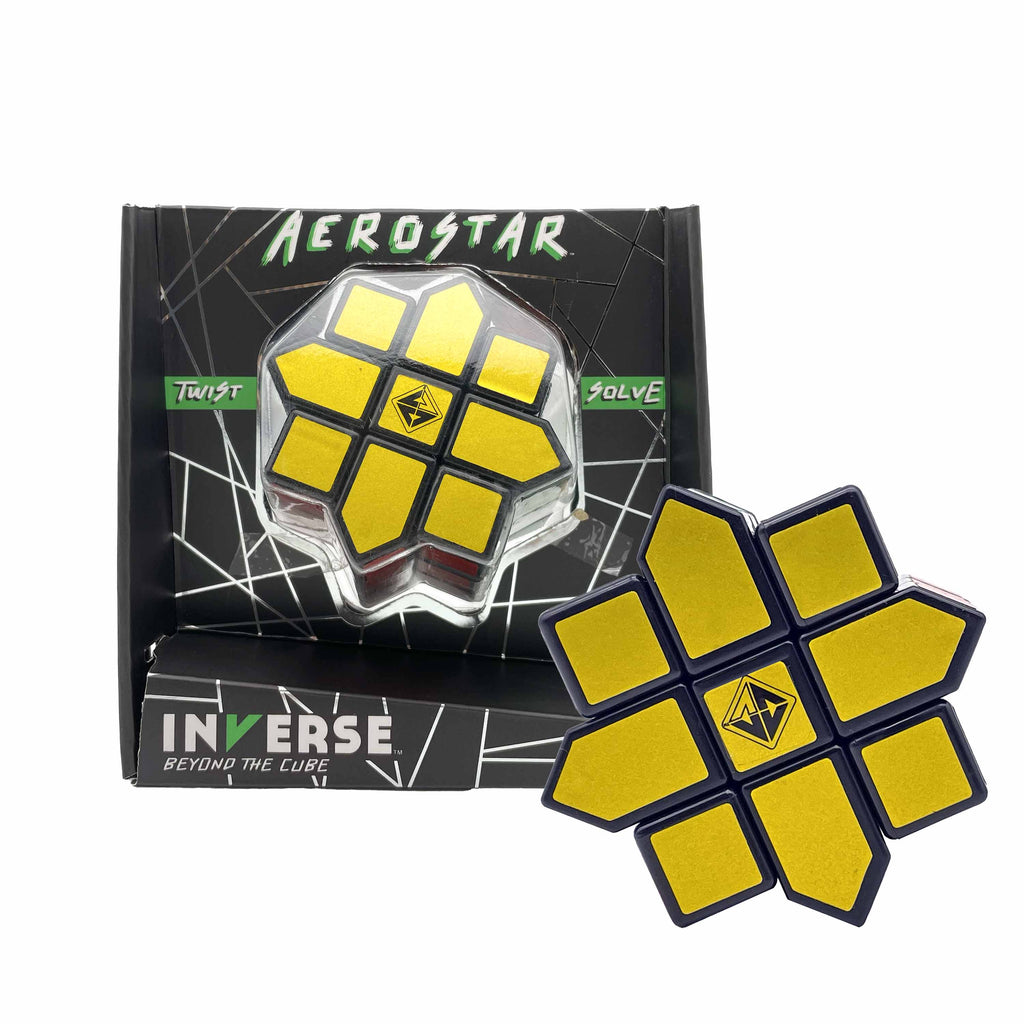 Aerostar star-shaped twisty puzzle in packaging with gold puzzle