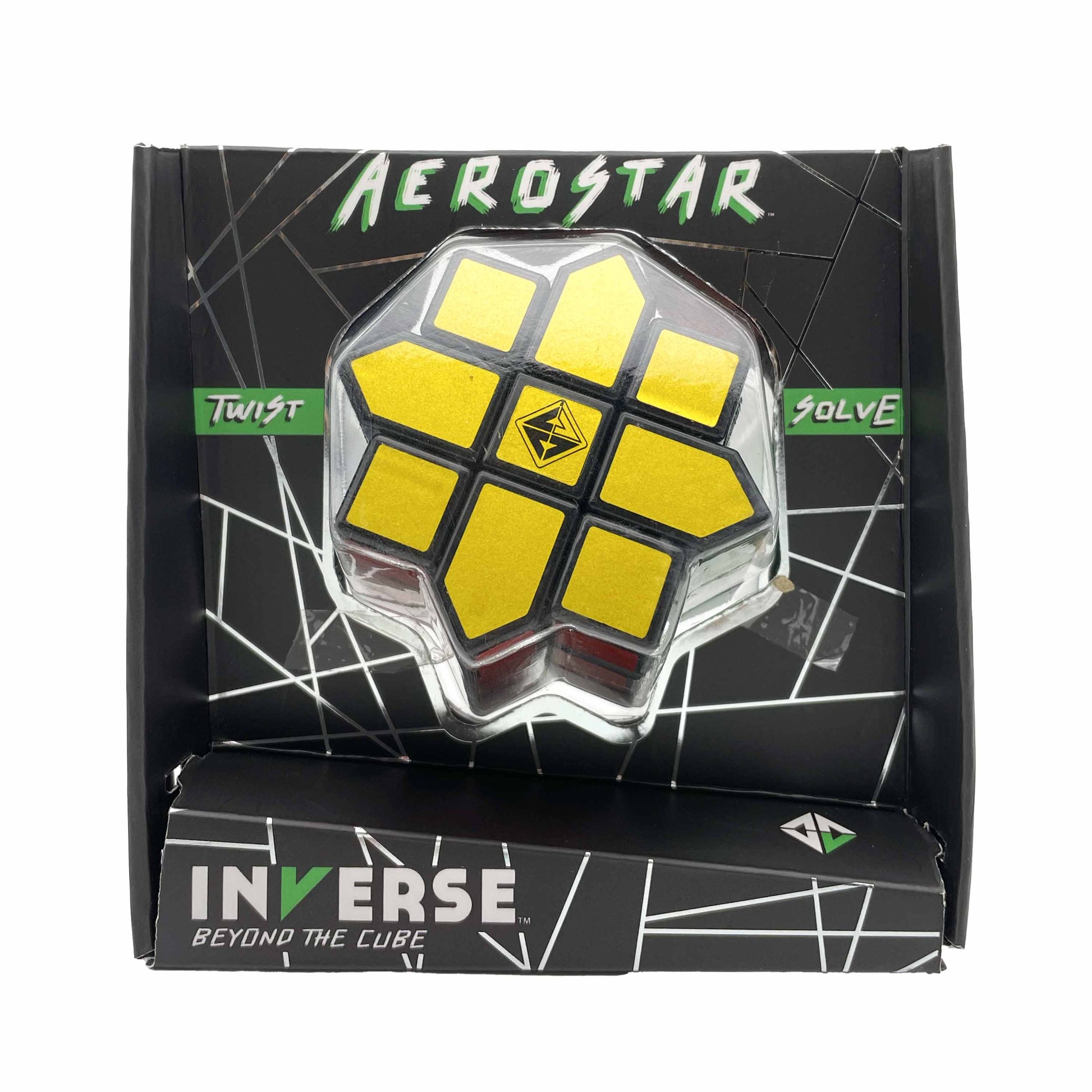 Aerostar star-shaped twisty puzzle in black packaging gold finish
