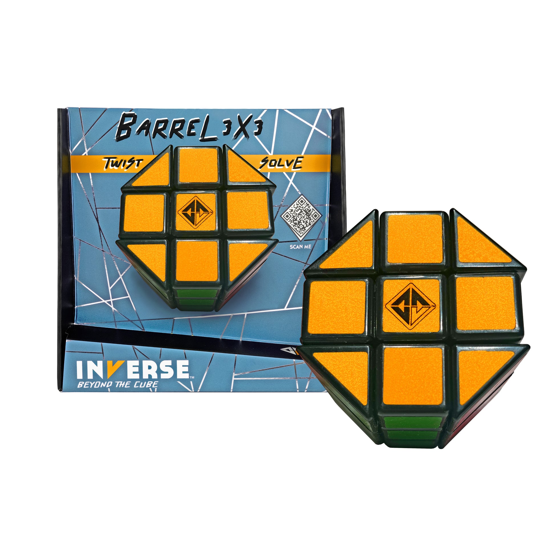 Barrel 3x3 twisty puzzle in package, hero view