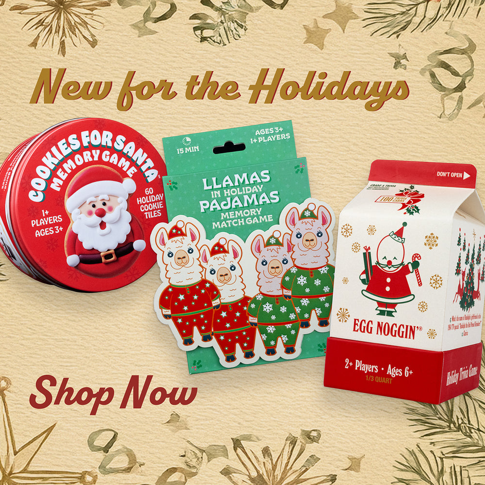 Three Christmas-themed memory games on a festive background with text 'New for the Holidays' and 'Shop Now'.